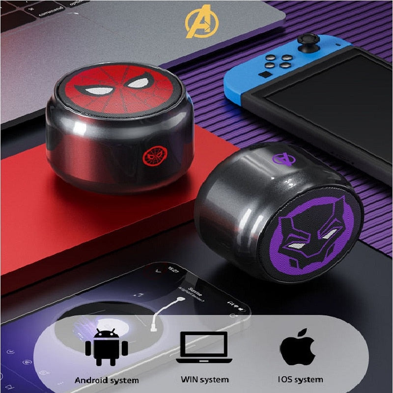 Mini Speaker Bluetooth Homem Aranha, Pantera Negra e Homem de Ferro Marvel