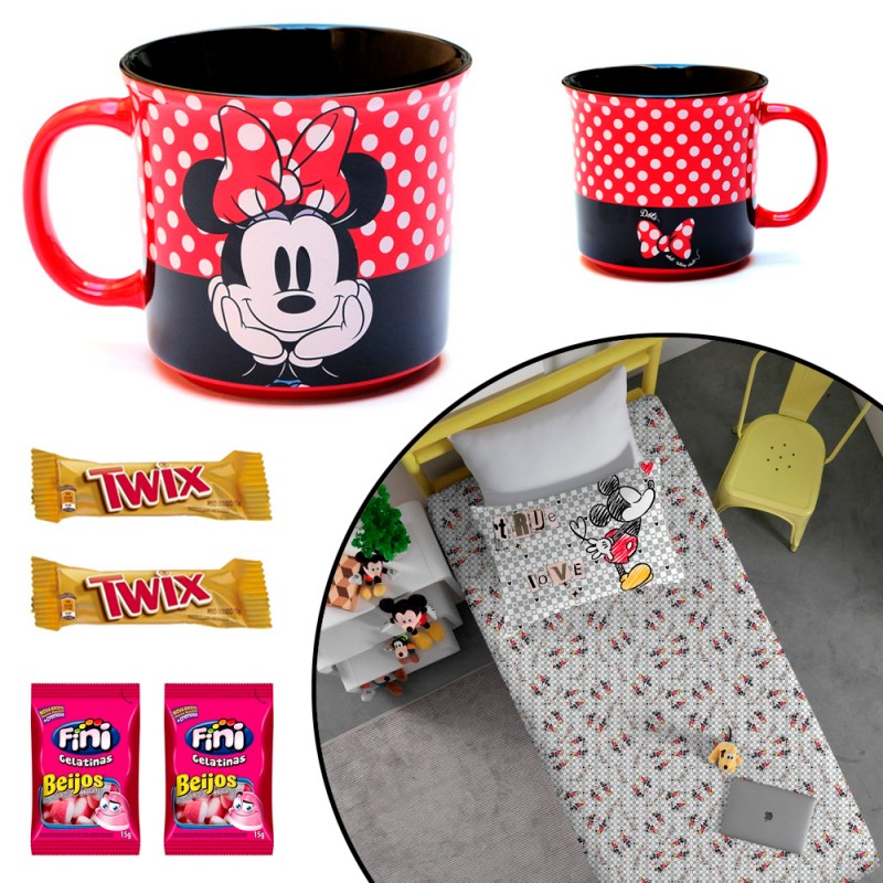 Cesta na Caixa Minnie Caneca c/ Jogo de Cama Solteiro Kisses