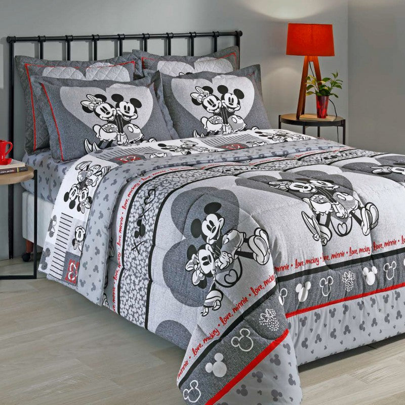 Jogo de Cama Casal Padrão Mickey e Minnie Namorados - 4 Peças