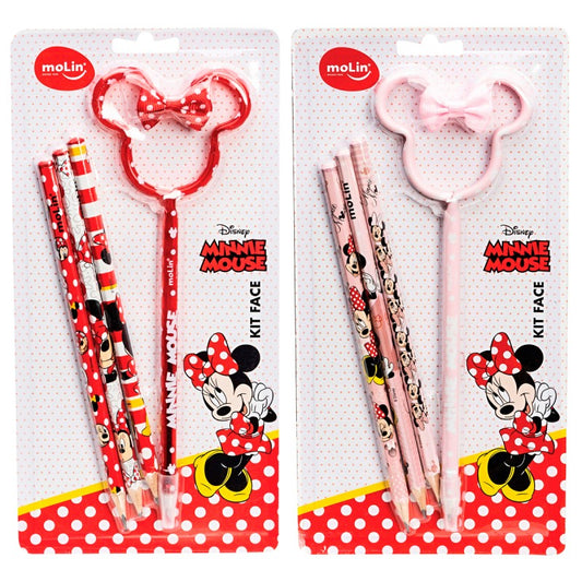 Kit Escolar Minnie Mouse Classic Face com 1 Caneta e 3 Lápis HB