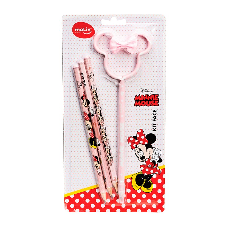 Kit Escolar Minnie Mouse Classic Face com 1 Caneta e 3 Lápis HB
