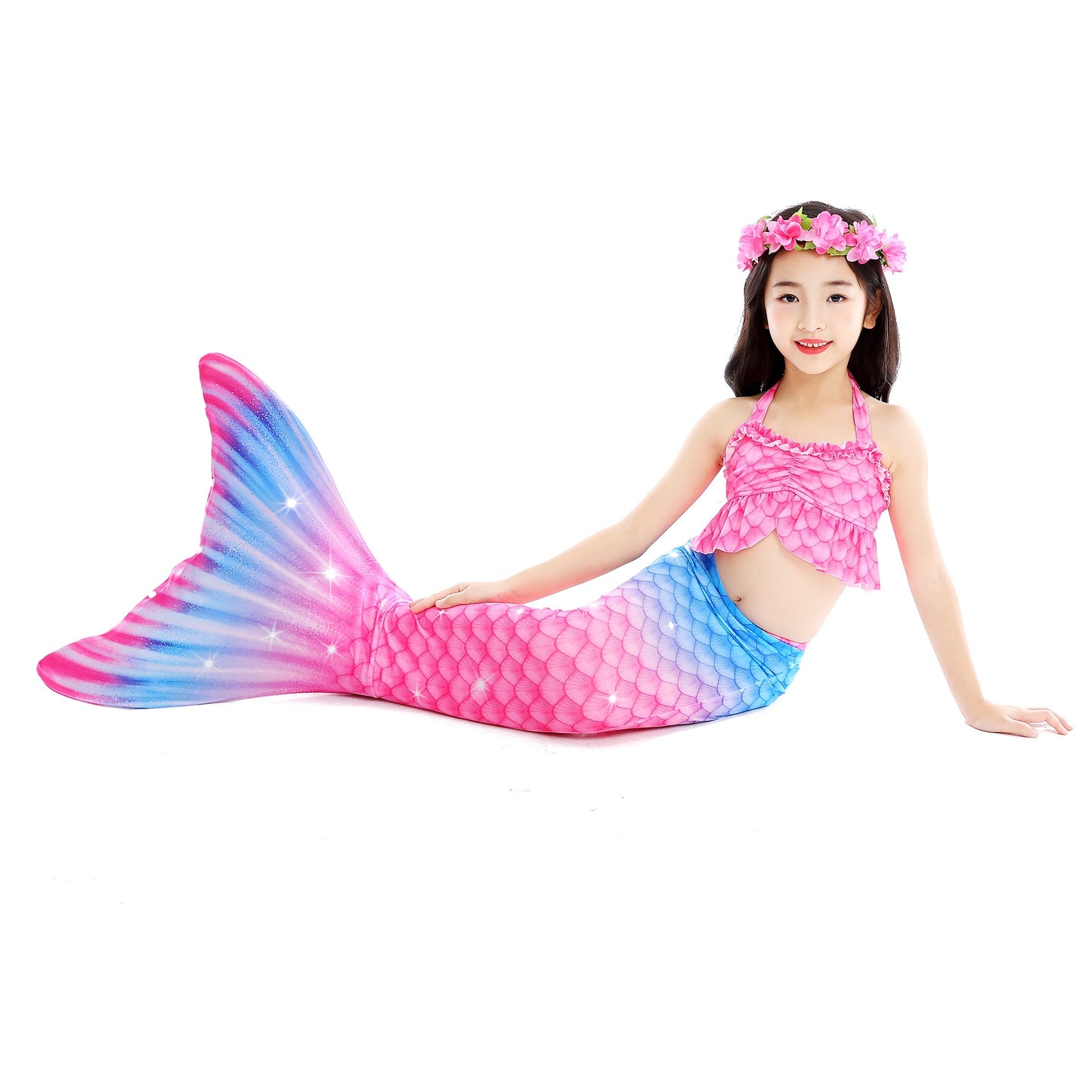 Biquíni Roupa de Banho Infantil Sereia Rosa com Cauda Cosplay