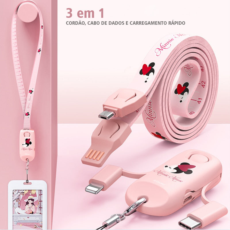 Lanyard, Cable de Datos y Carga Rápida USB 3 en 1 Mickey y Minnie Disney