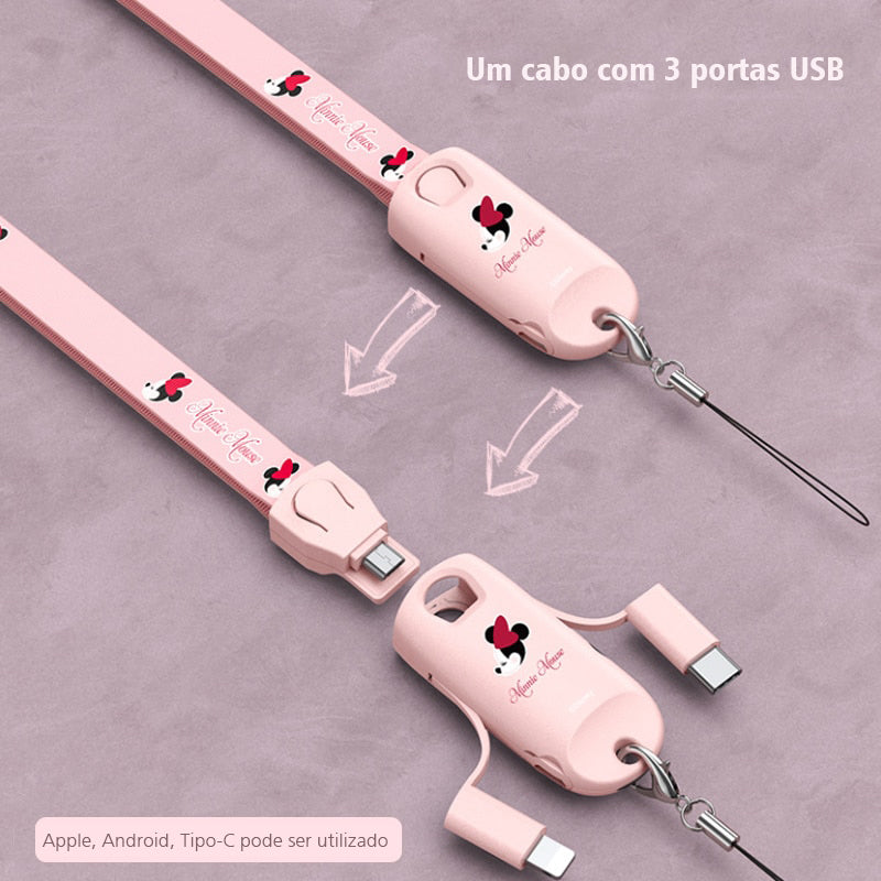 Lanyard, Cable de Datos y Carga Rápida USB 3 en 1 Mickey y Minnie Disney