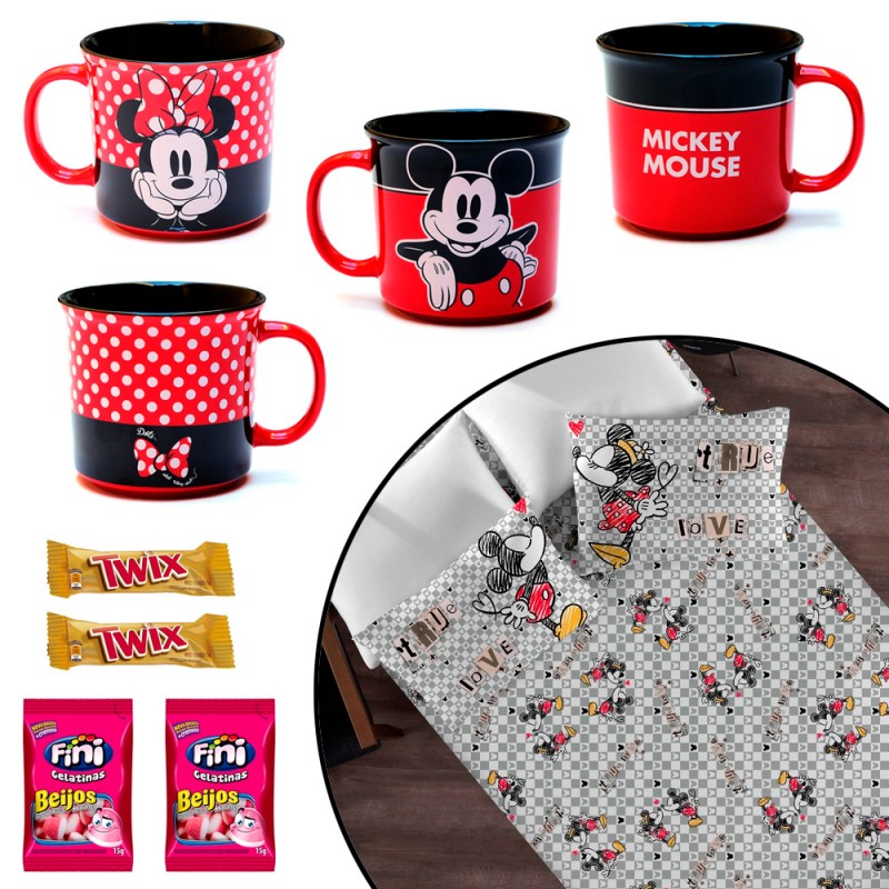 Basket in Box Mickey and Minnie Mugs with Double Bed Set
