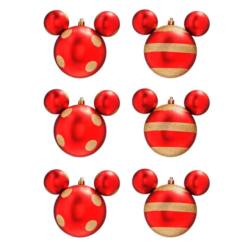 Enfeites de Natal Disney Bola Vermelha C/ Listras e Poás Dourados Mickey - Pack com 6 Bolas 6cm