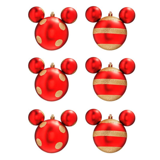 Disney Christmas Ornaments Red Ball W/ Gold Stripes and Dots Mickey - Pack of 6 Balls 6cm