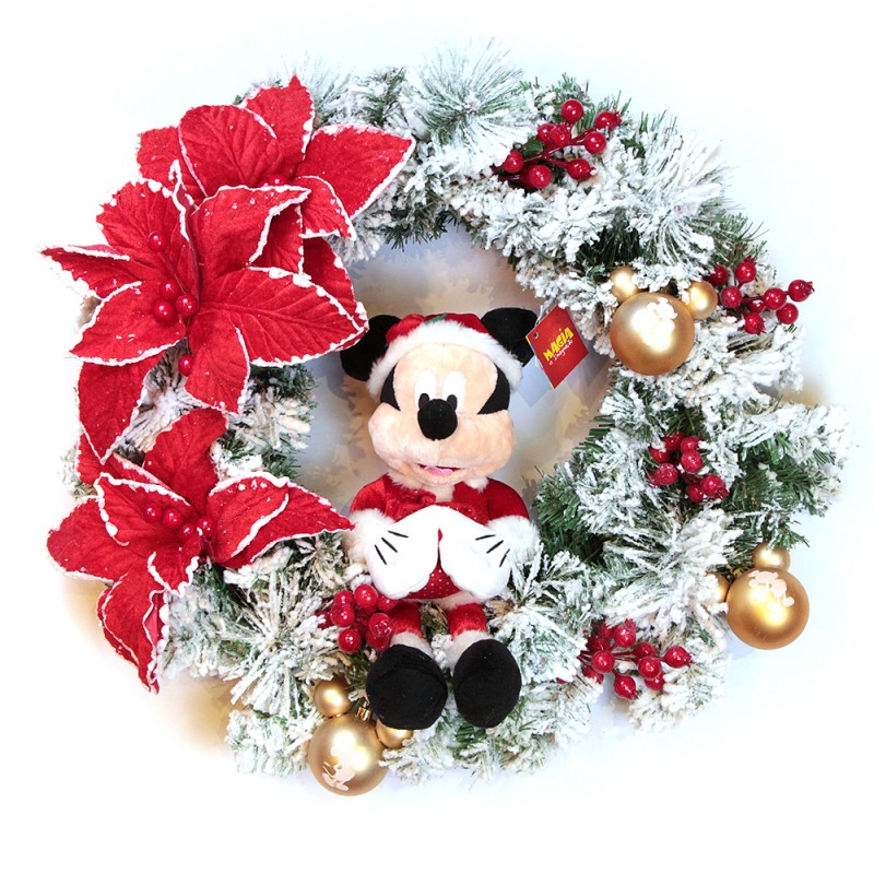 Guirlanda de Natal Mickey Mouse 55 cm Poinsetia com Pelúcia e Enfeites Disney