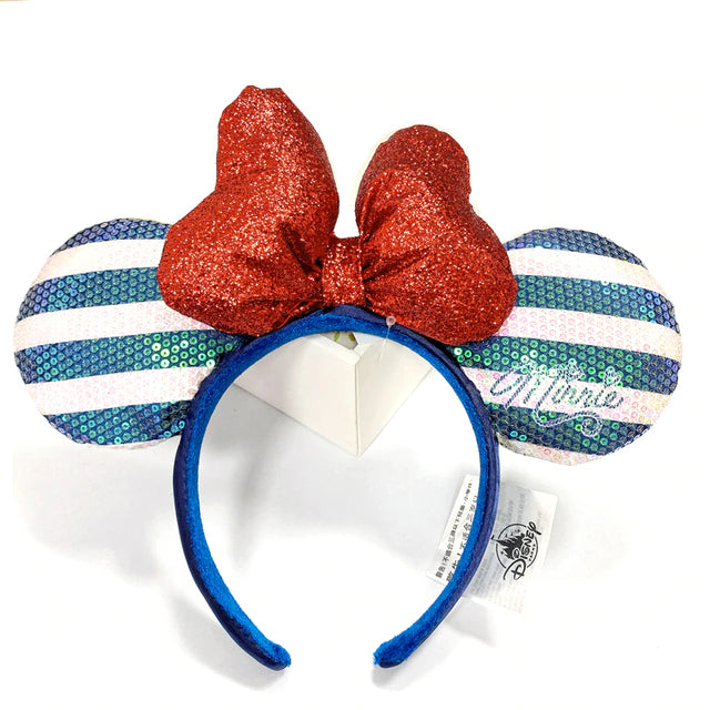 Tiara Minnie Luxo Listrado Azul Branco Disney